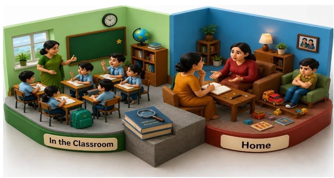 3D diorama showing two scenes: a classroom with teacher and students, and a home with family members reading and learning