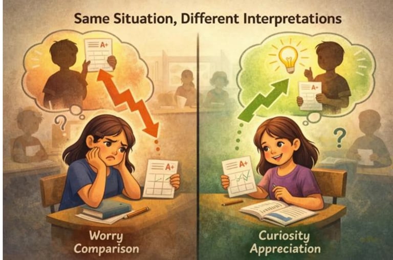 Illustration showing two contrasting mindsets: left side depicts worry and comparison with declining graph, right side shows curiosity and appreciation with rising graph and lightbulb idea