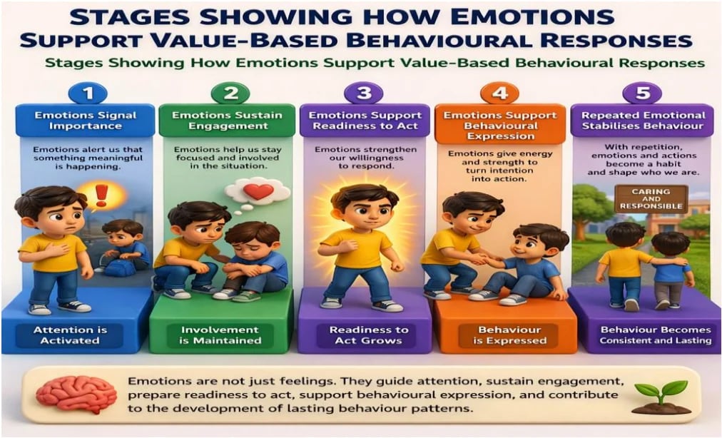 Infographic showing 5 stages of how emotions support value-based behavioral responses, from attention activation to lasting behavior patterns in children