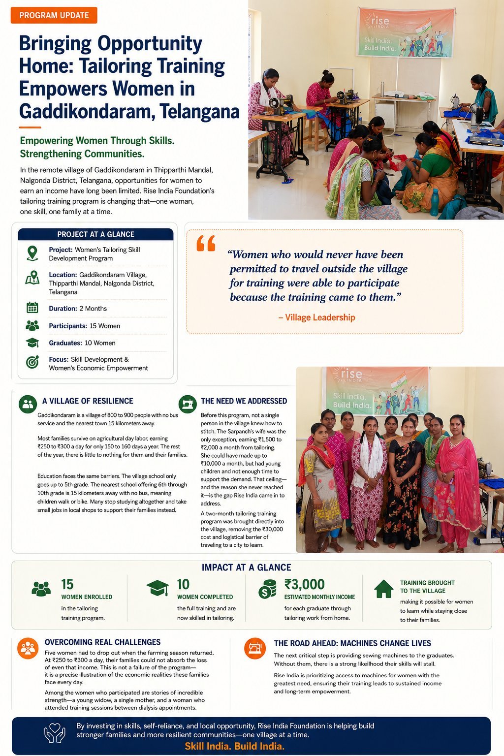 Program update about tailoring training empowering women in Gaddikondarun, Telangana with photos of women learning and statistics.