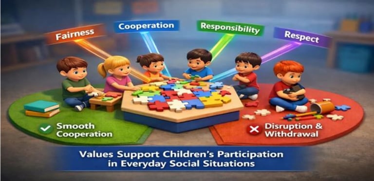 Illustrated children gathered around a puzzle table with colored labels showing core values: Fairness, Cooperation, Responsibility, and Respect supporting positive participation, versus Disruption and Withdrawal.