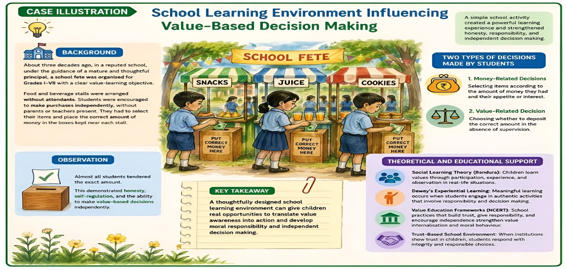 Infographic showing how school learning environments influence value-based decision making through a school fete illustration with stalls and decision points